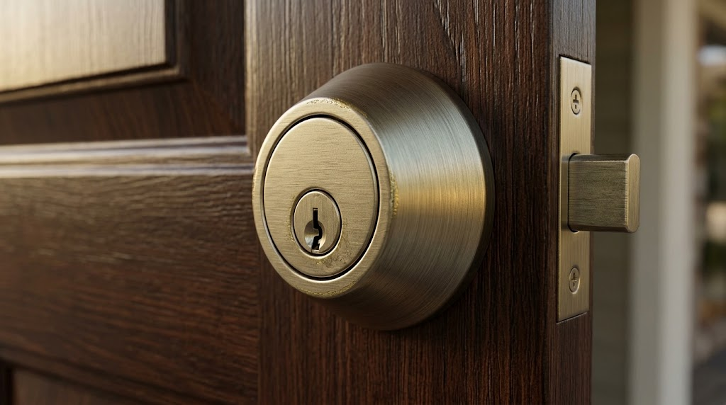 Close-up of a solid brass deadbolt on a wooden front door
