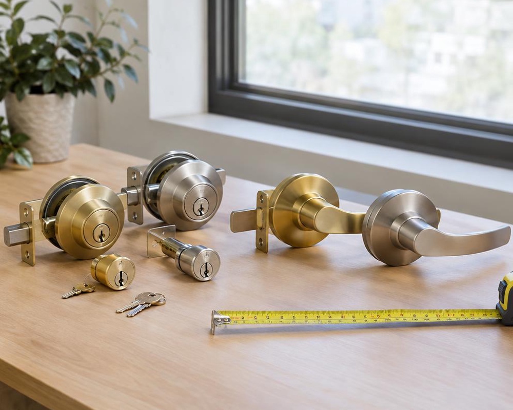 Brass and nickel lock cylinders with lever handle samples on a counter