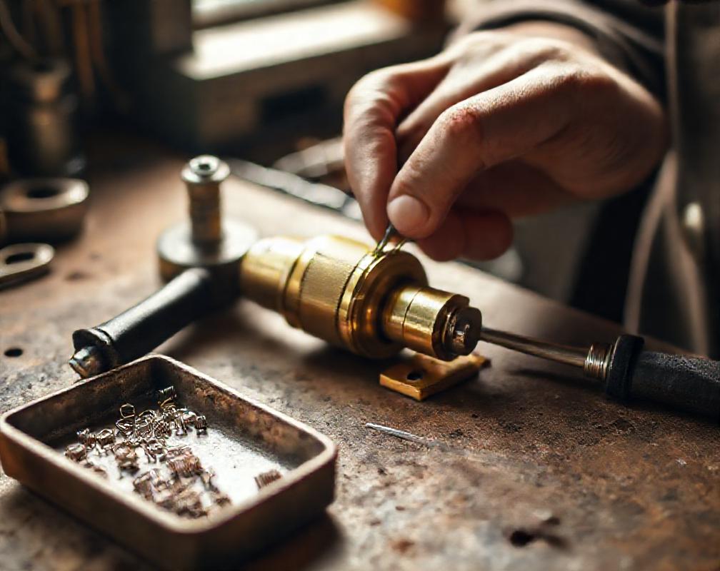 Locksmith workbench with precision tools and a disassembled lock cylinder
