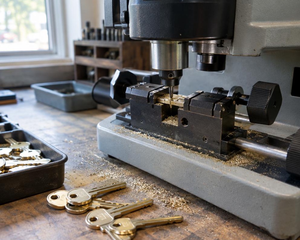 Key cutting machine with brass blanks and freshly cut keys on a locksmith bench