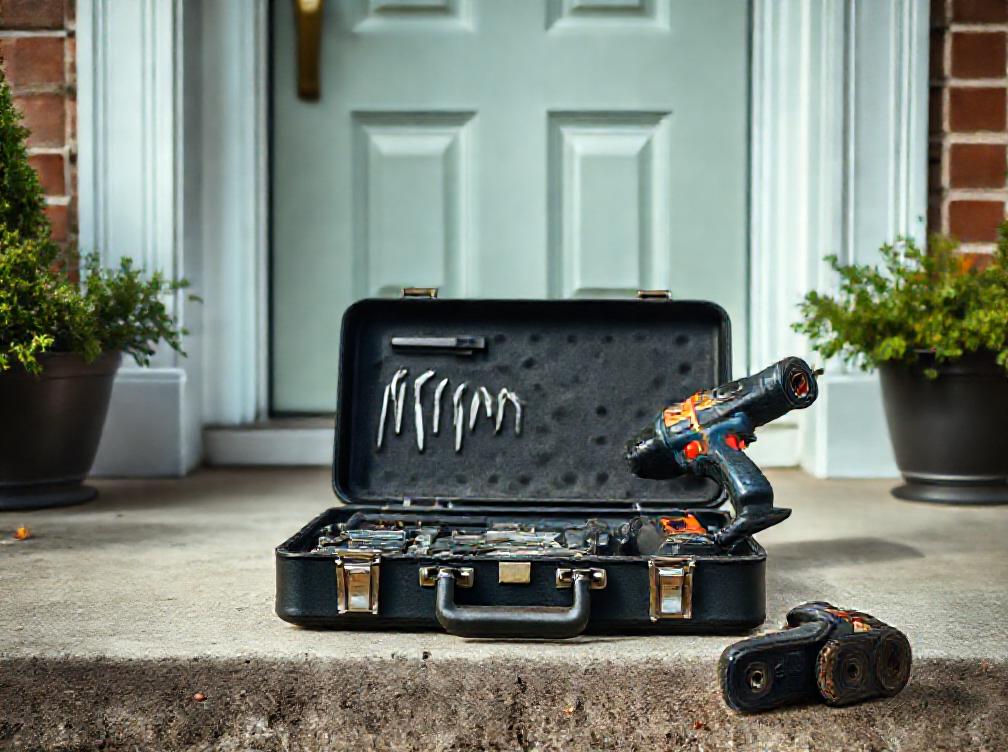 Open locksmith tool case on a doorstep with key blanks, picks and a drill