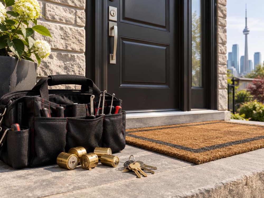 Locksmith tool bag with brass cylinders and keys resting beside a Toronto front door