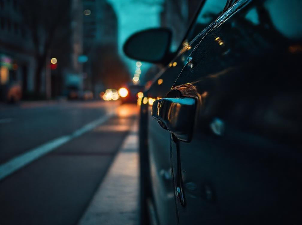 Automotive locksmith tools beside a car door handle at dusk