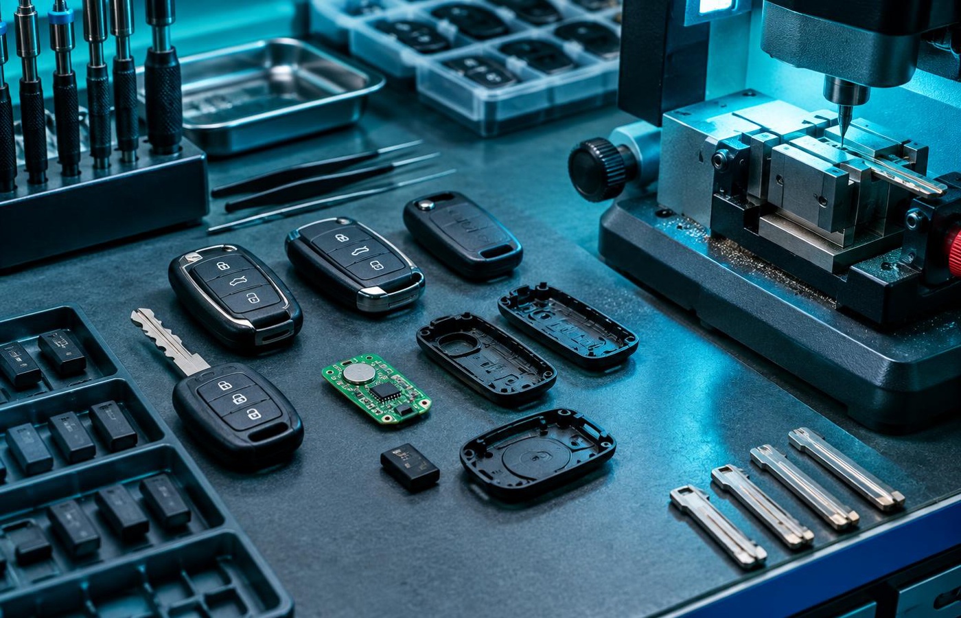 Transponder car keys and fobs beside a key cutting machine