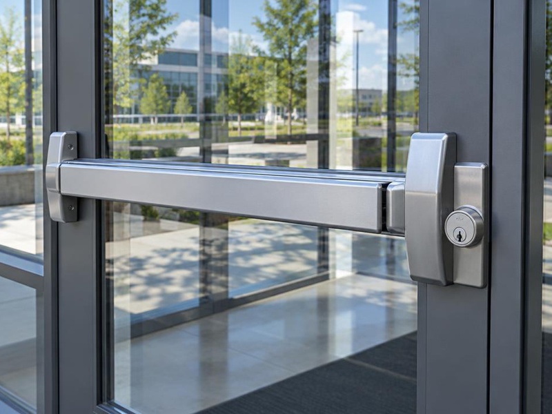Panic bar and rim cylinder on a glass commercial door