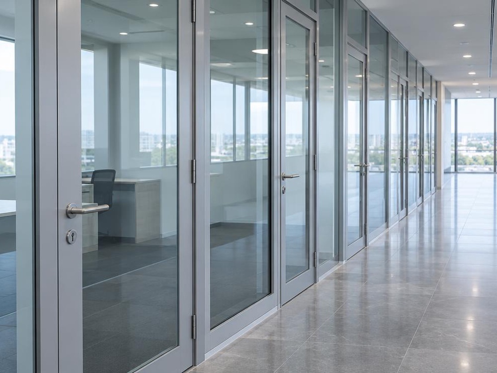 Row of glass commercial doors with keyed cylinders in an office corridor