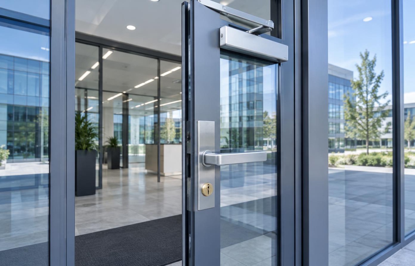 Commercial glass office entrance with lever handle and cylinder