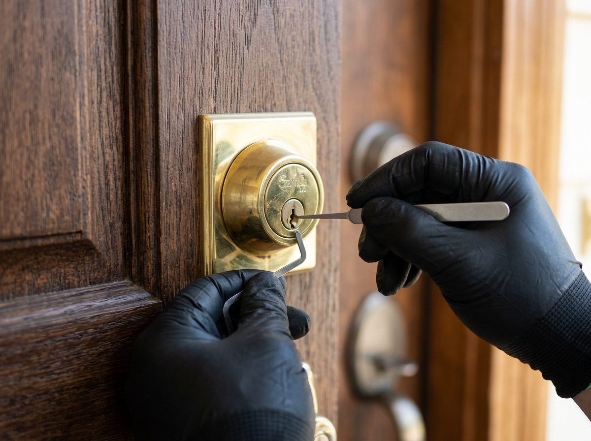 Locksmith picking a residential door lock at night