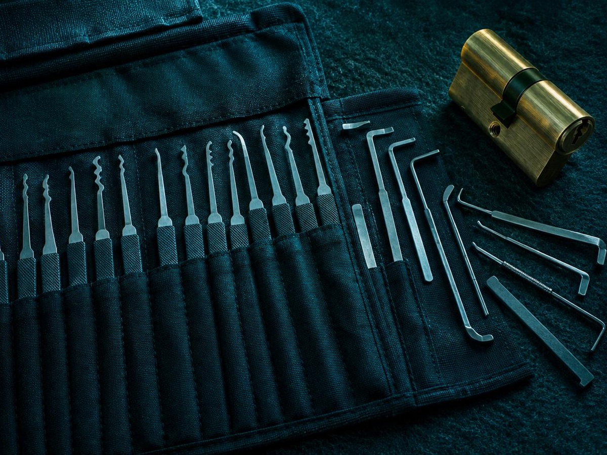 Pick set and tension wrenches laid out beside a door cylinder