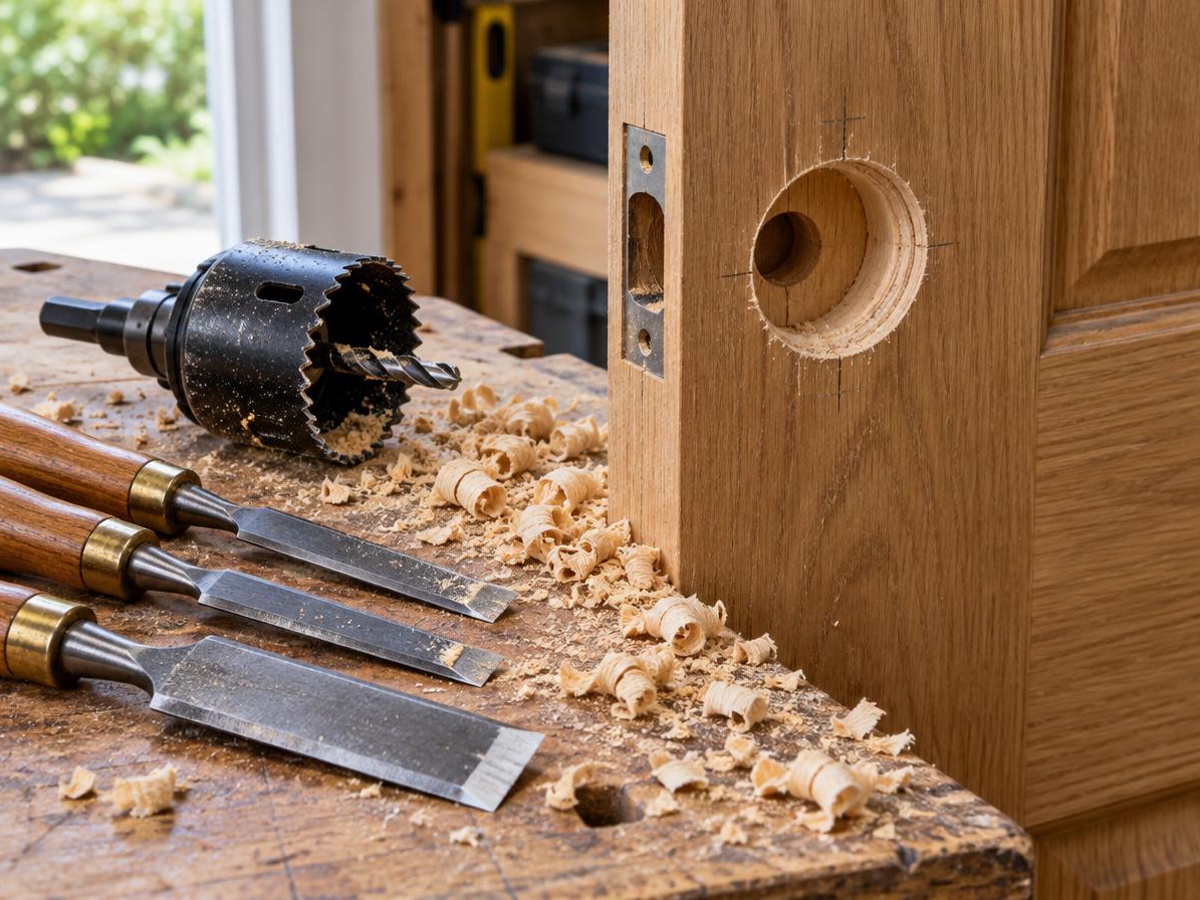Hole saw and chisels beside a door being prepared