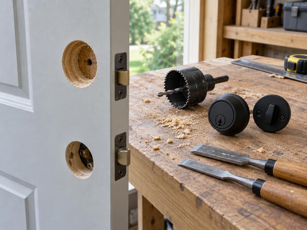 Door prepared for a new deadbolt with tools and a matte black lock set
