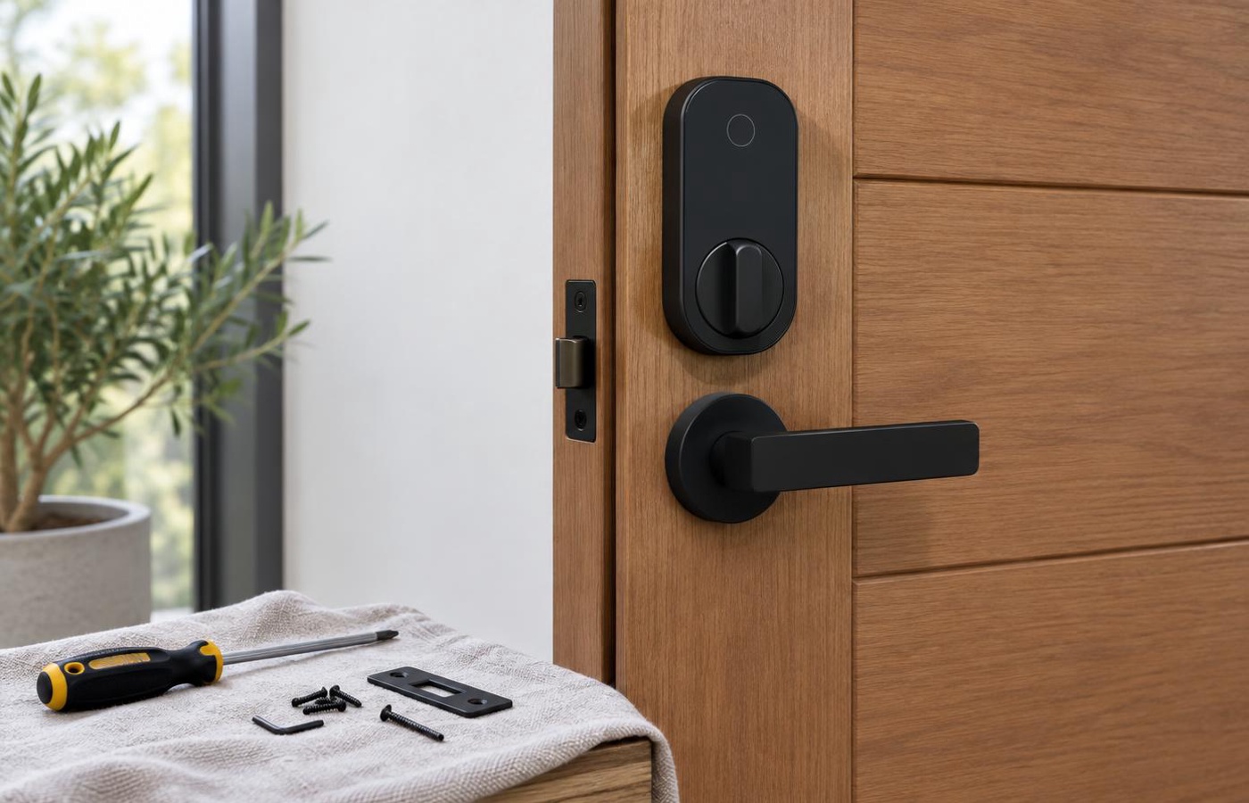 Matte black smart lock installed on a wooden door