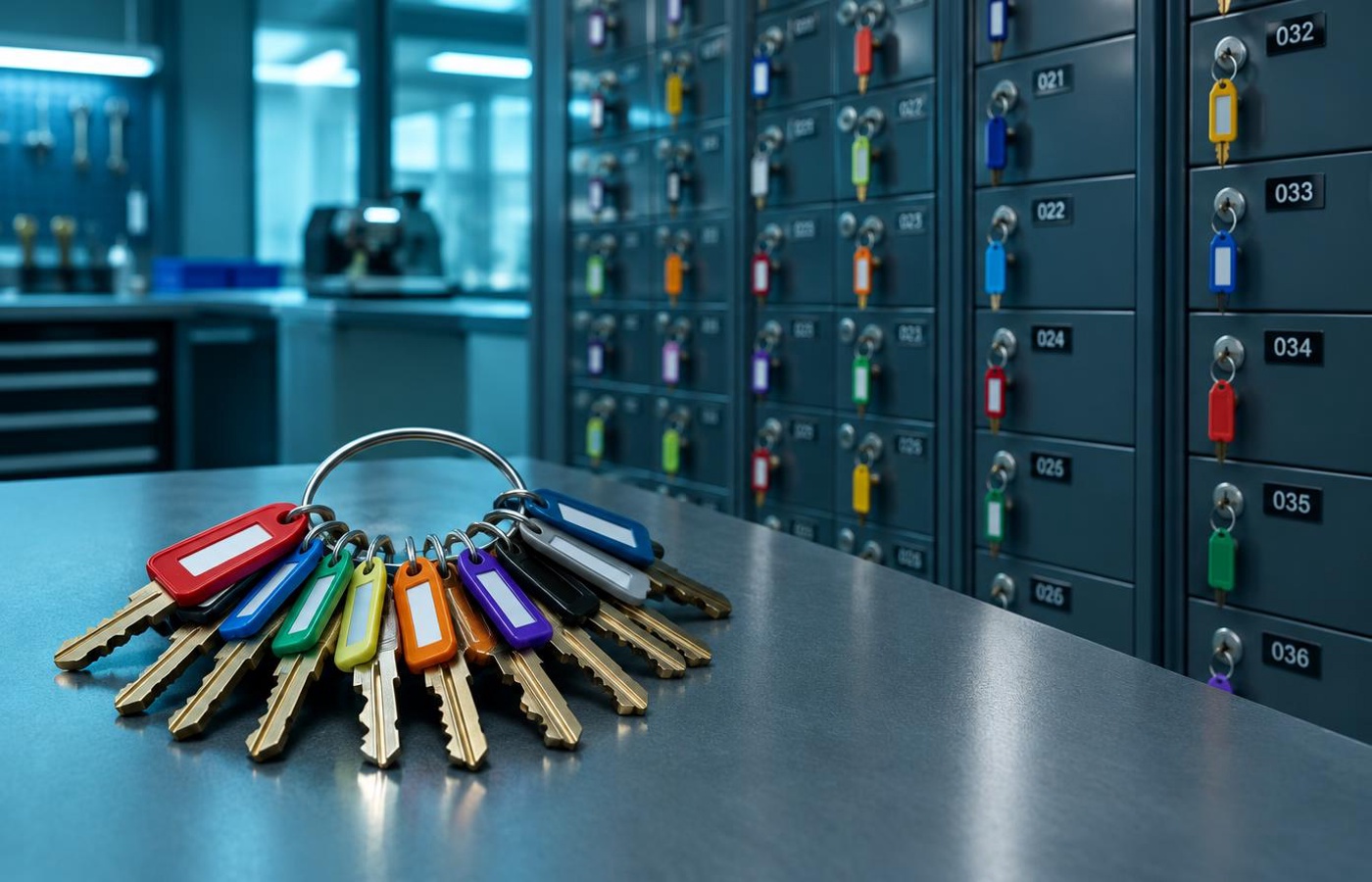 Ring of master keys with colour-coded tags in front of key cabinets