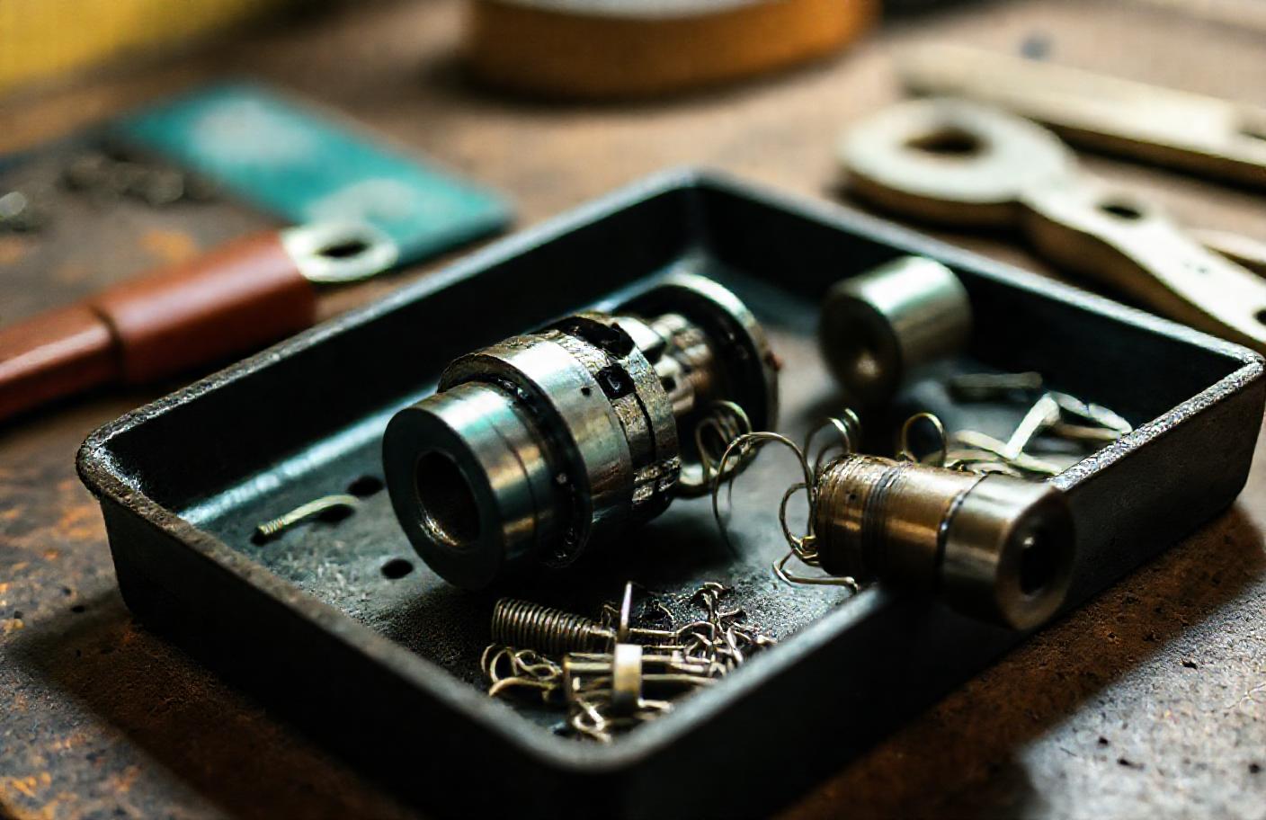 Disassembled pin tumbler lock cylinder with springs and pins