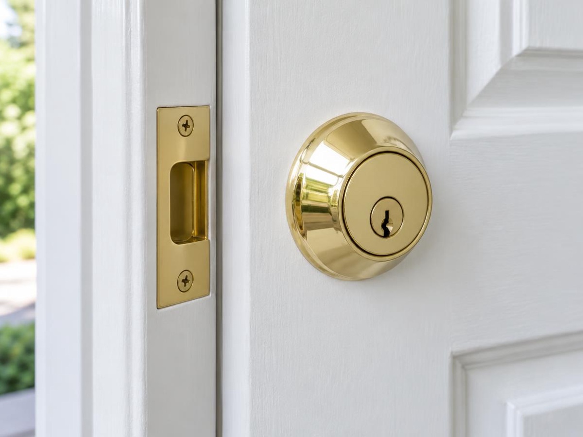 Brass deadbolt and strike plate on a painted front door