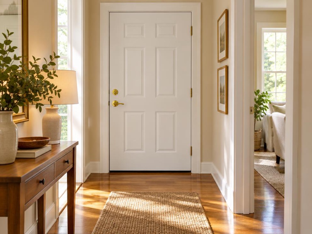 Residential hallway with a white door and brass deadbolt
