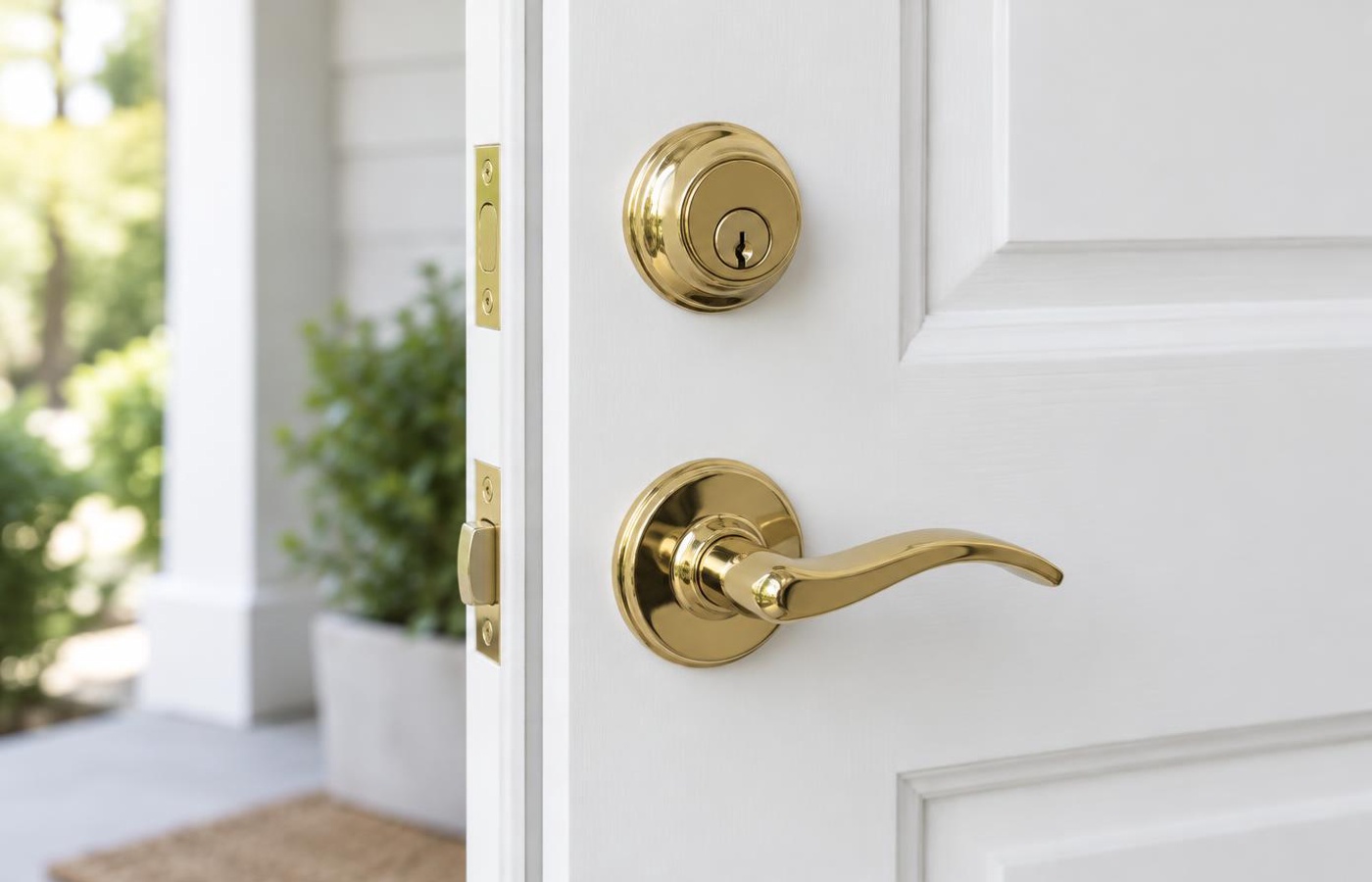Brass deadbolt and handle on a residential front door